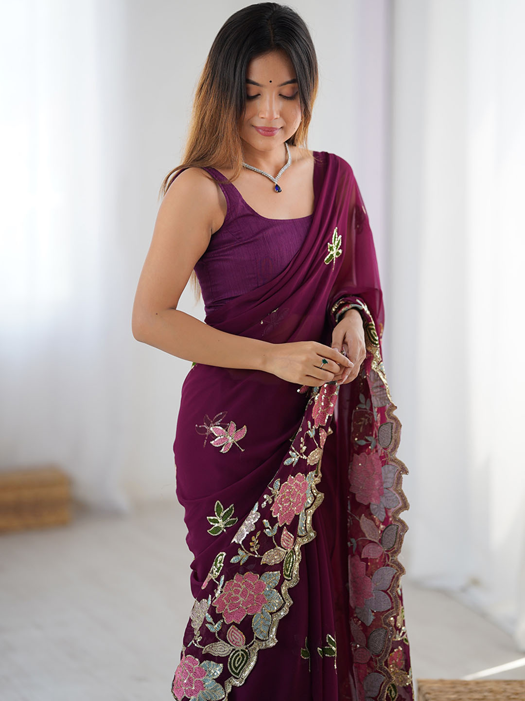 Urban Pallu Floral Sequinned Poly Georgette Heavy Work Saree
