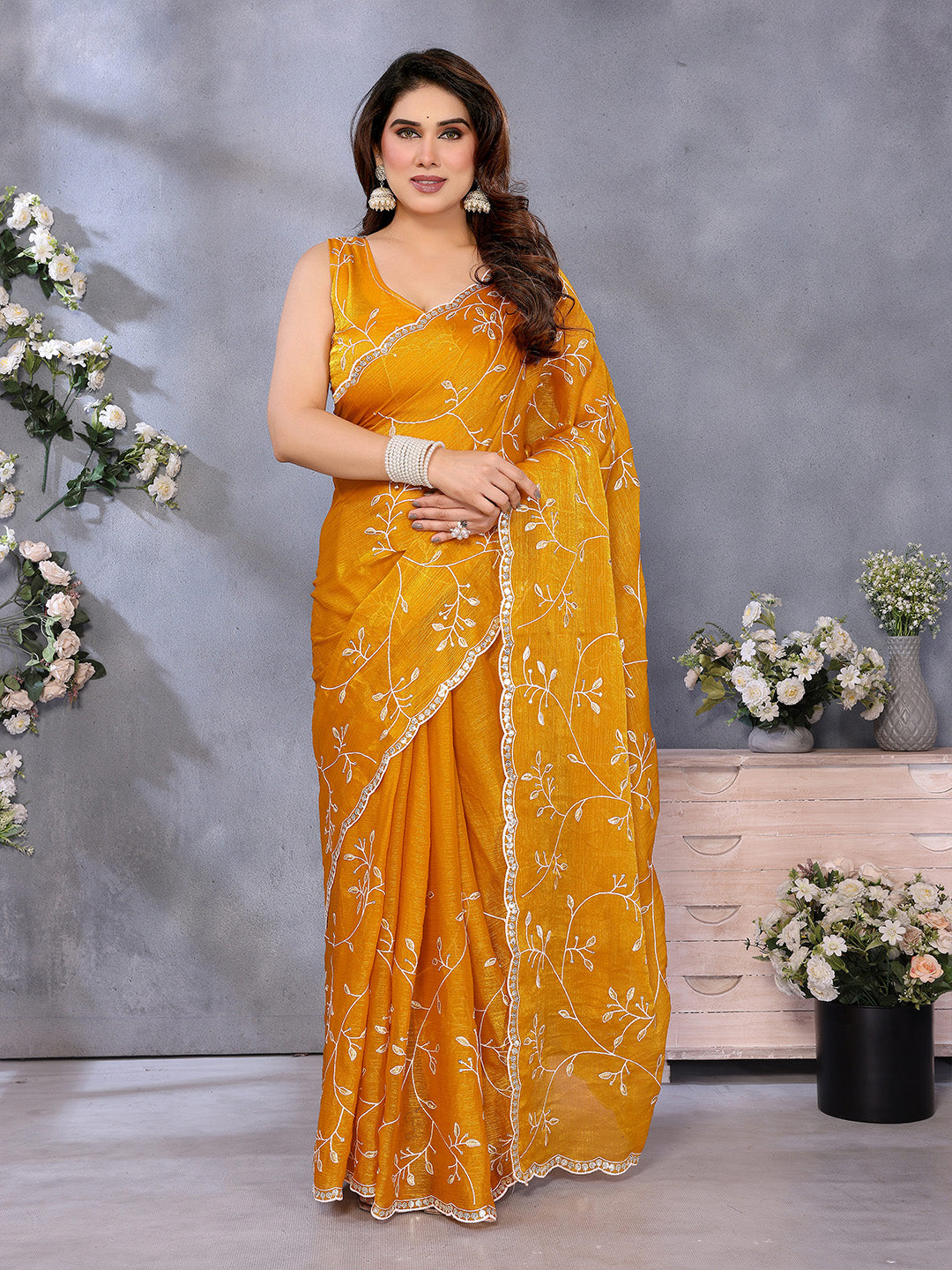Urban Pallu Floral Embroidered Pure Chiffon Heavy Work Saree