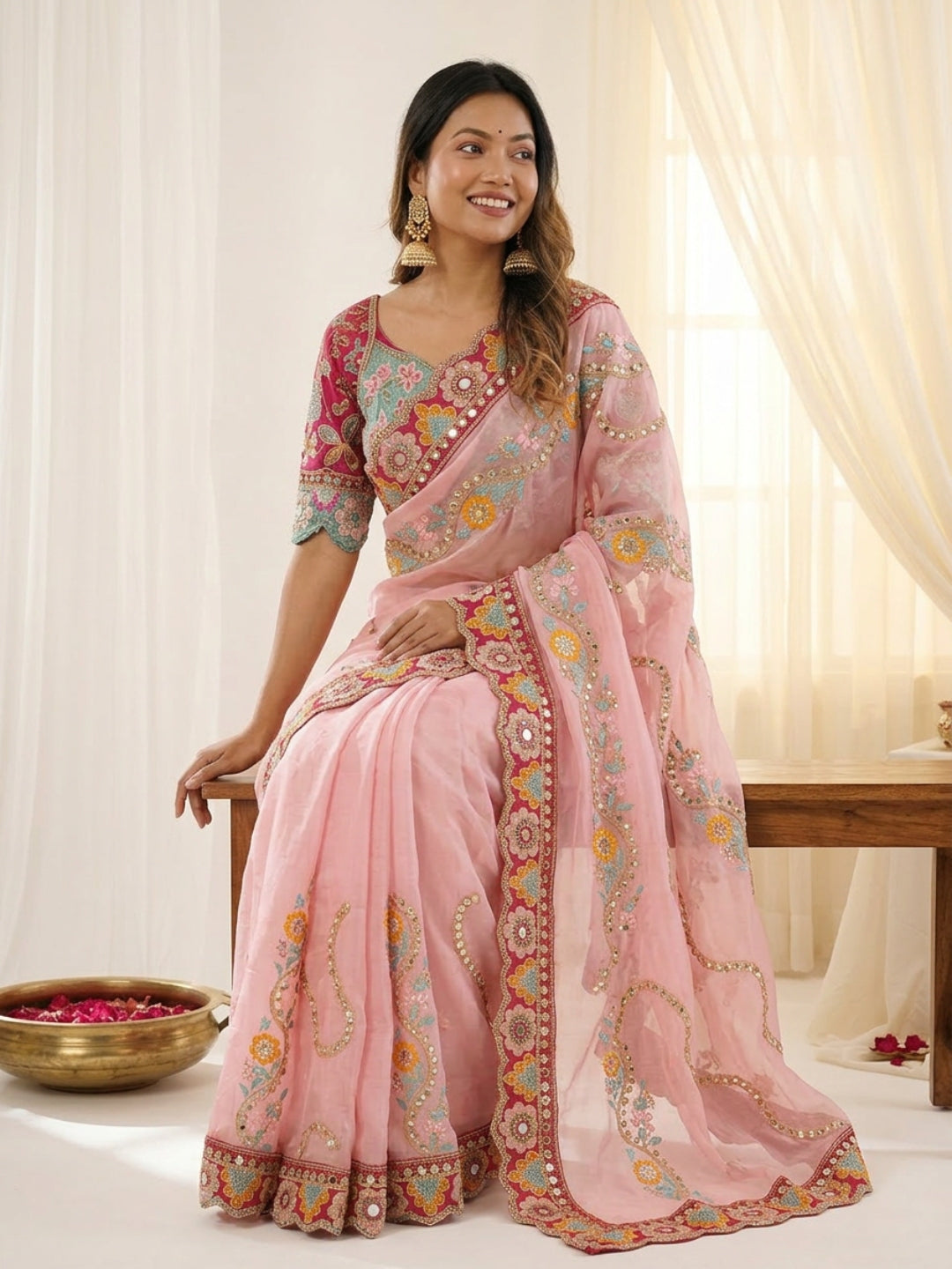 Urban Pallu Embroidered Silk Blend Festive Saree
