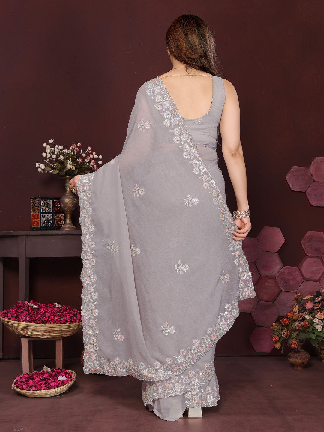 Urban Pallu Floral Embroidered Poly Georgette Saree