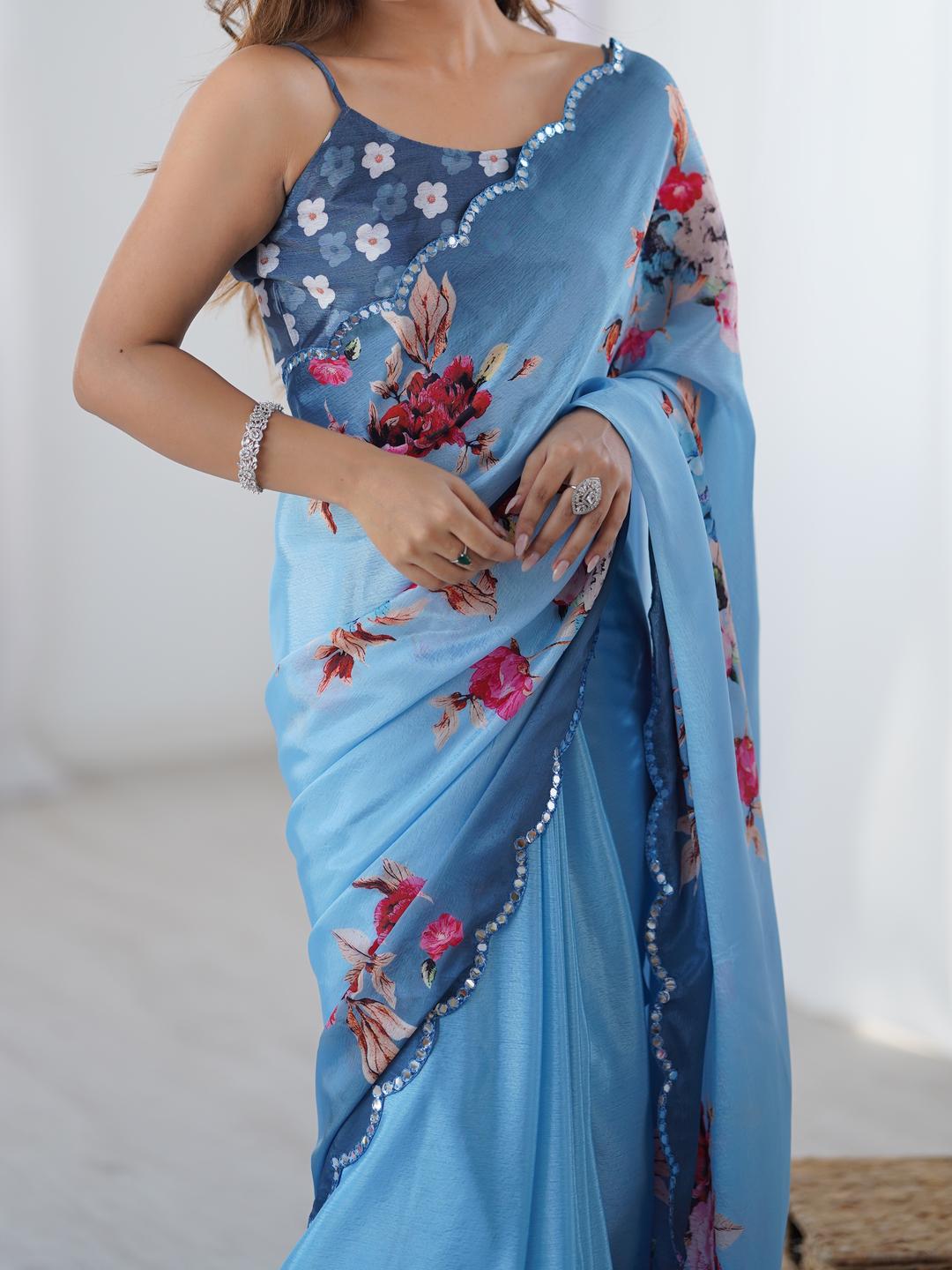 Urban Pallu Floral Sequinned Silk Blend Saree