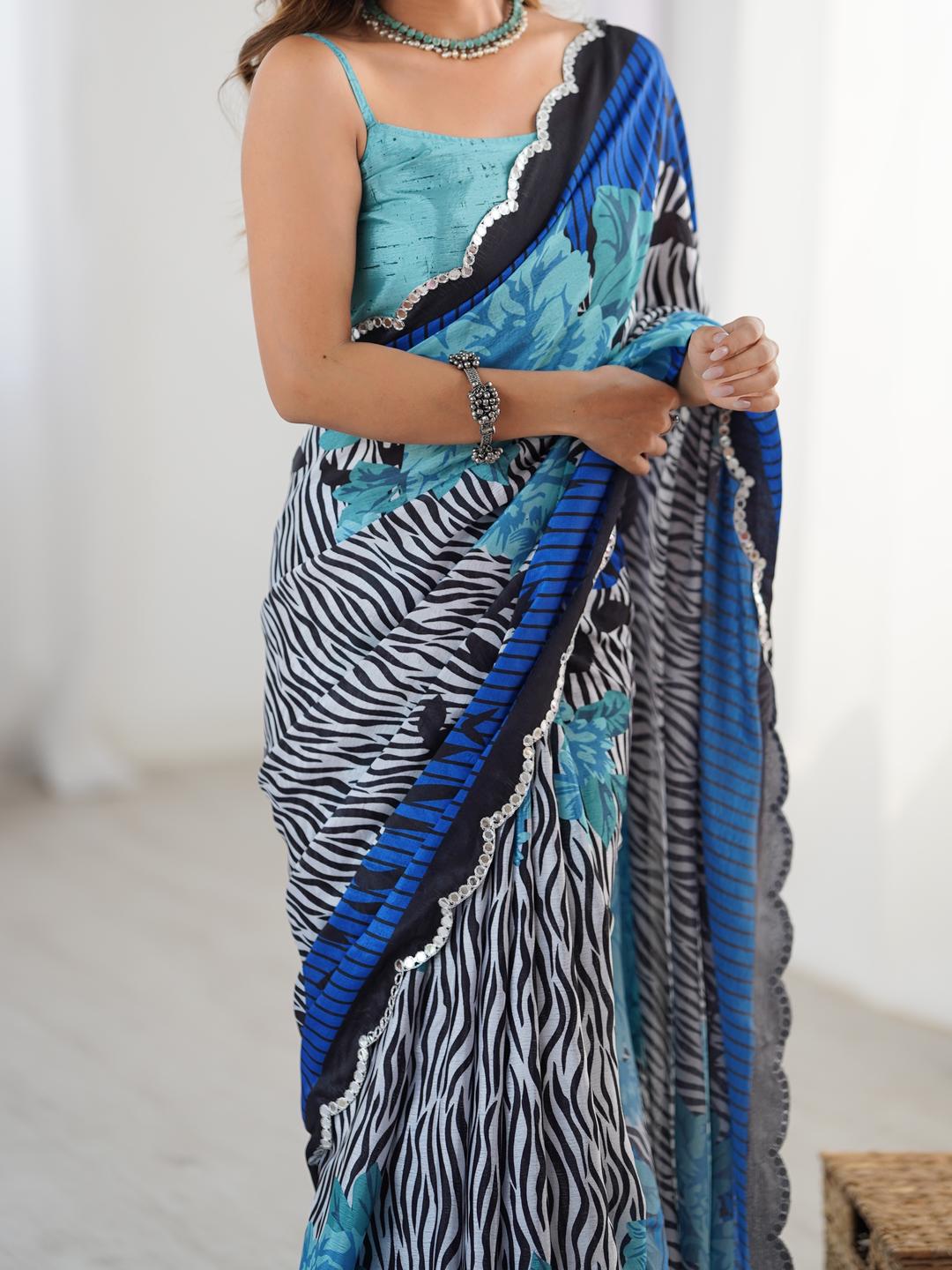 Urban Pallu Striped Mirror Work Silk Blend Fusion Saree