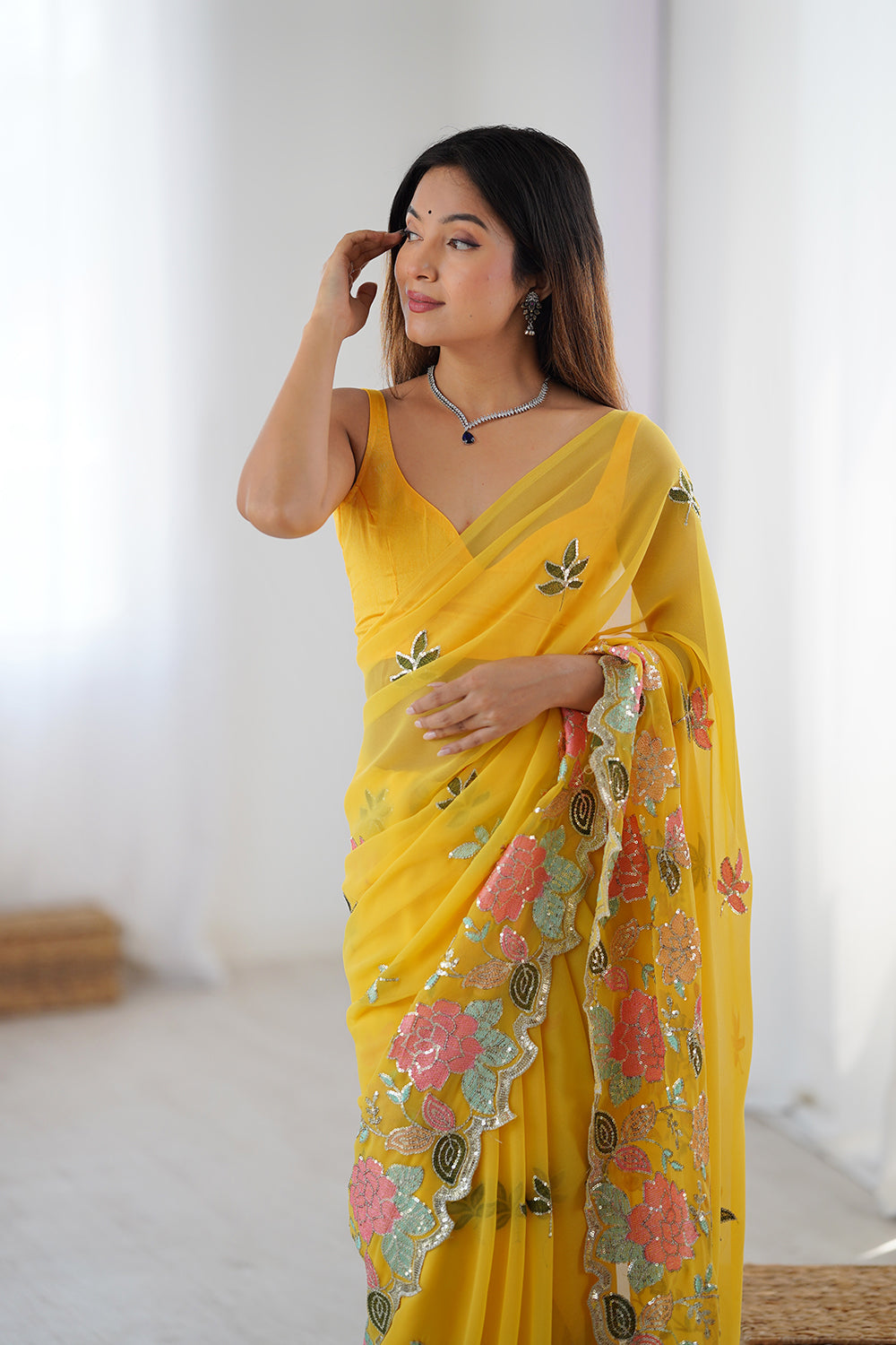 Urban Pallu Solid Poly Georgette Festive Saree