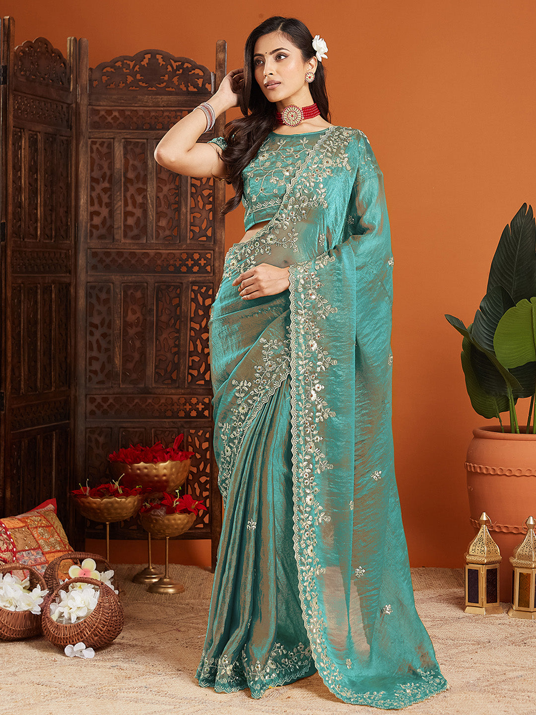 Urban Pallu Embroidered Organza Fusion Saree