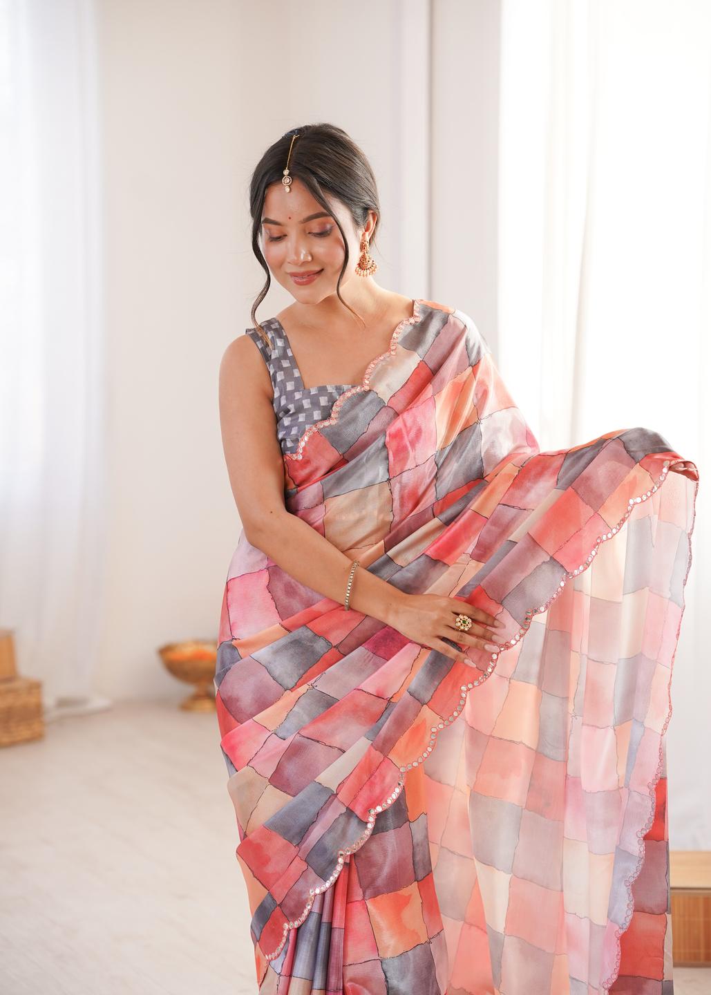 Urban Pallu Mirror Work Silk Blend Fusion Saree