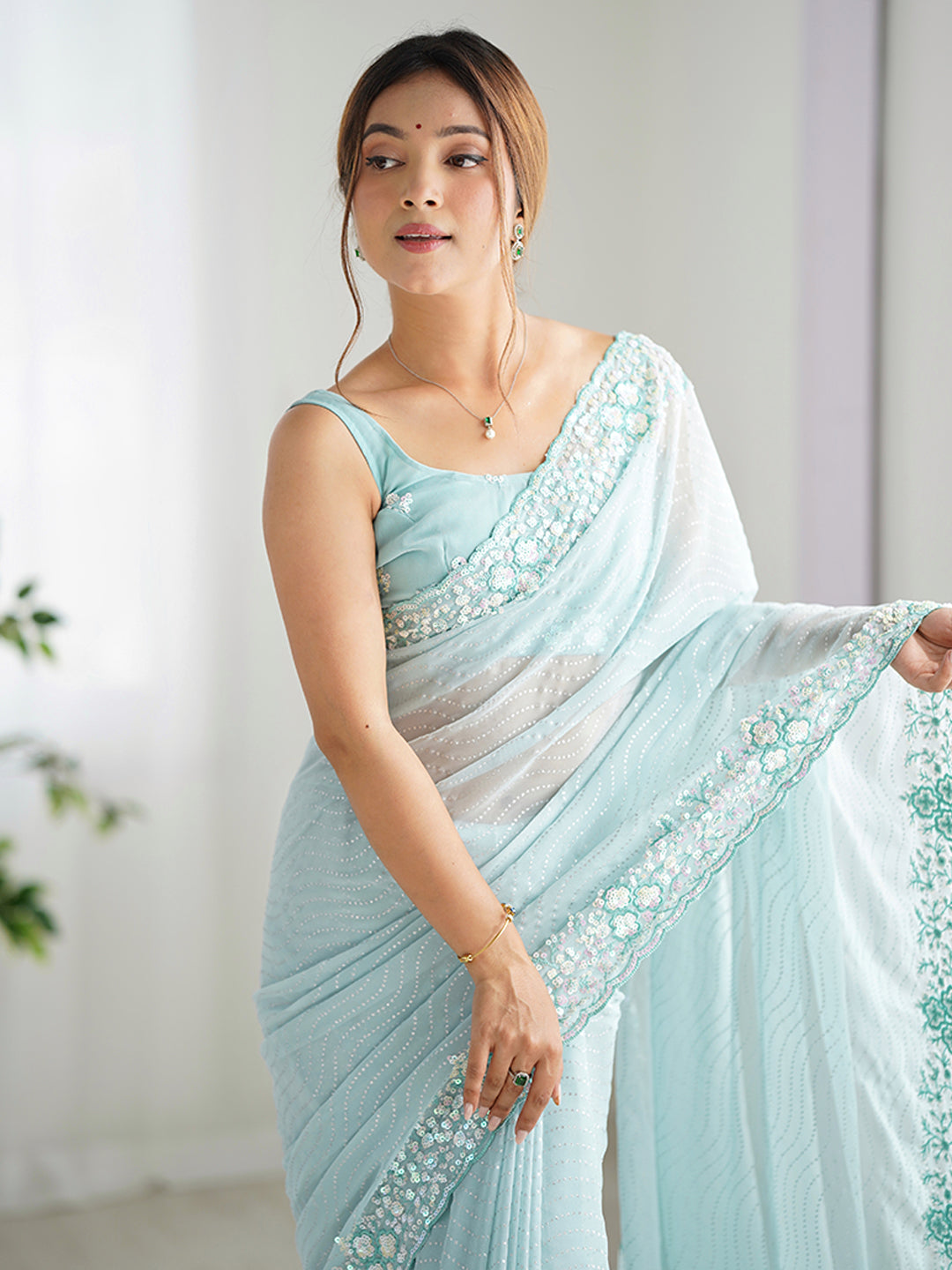 Urban Pallu Embroidered Poly Georgette Festive Saree