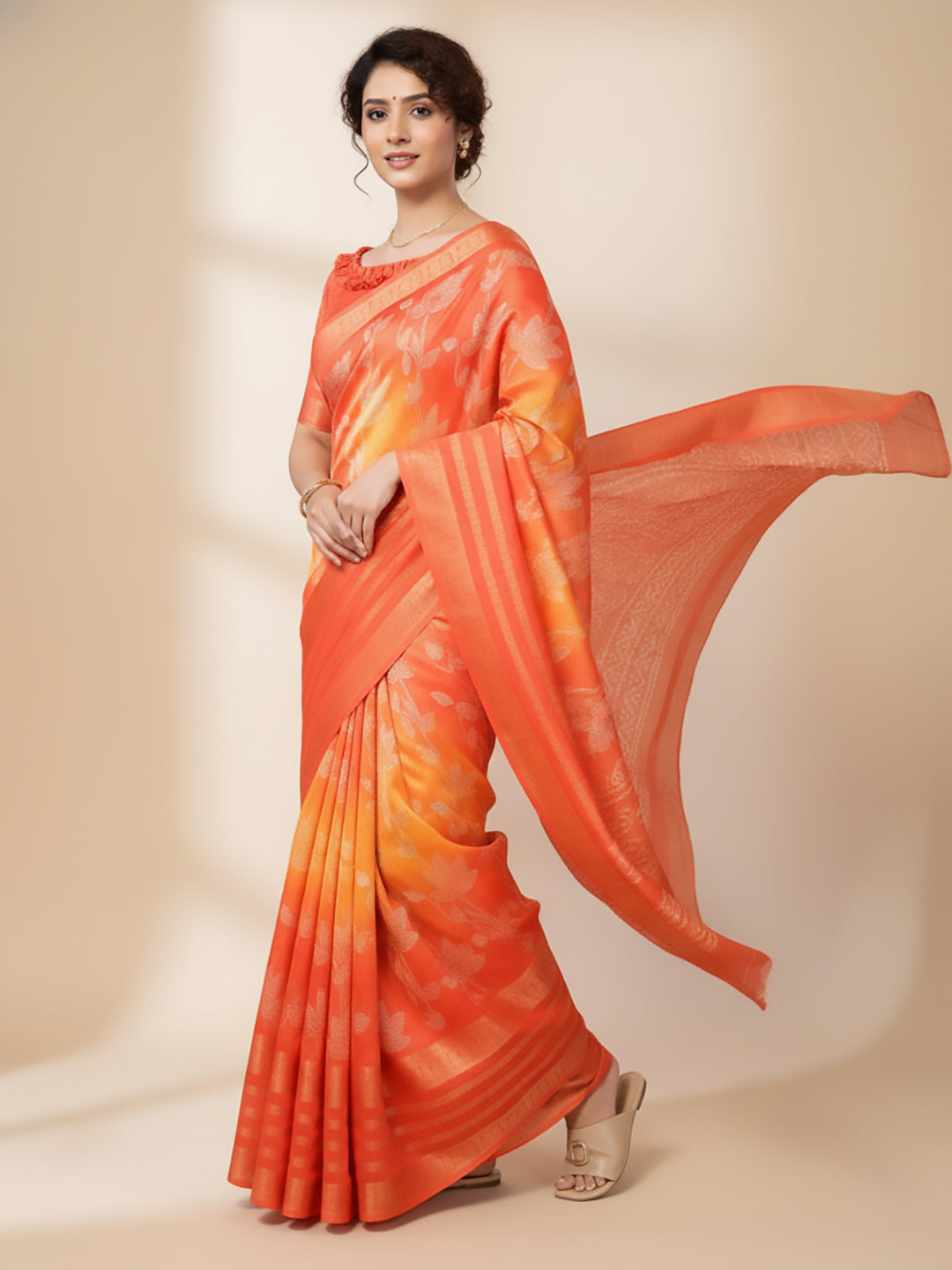 Urban Pallu Floral Sequinned Silk Blend Fusion Saree
