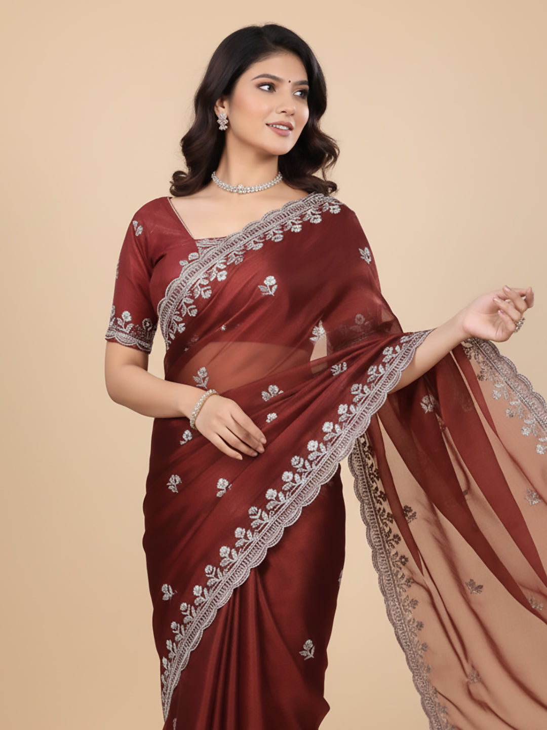 Urban Pallu Floral Sequinned Silk Blend Fusion Saree