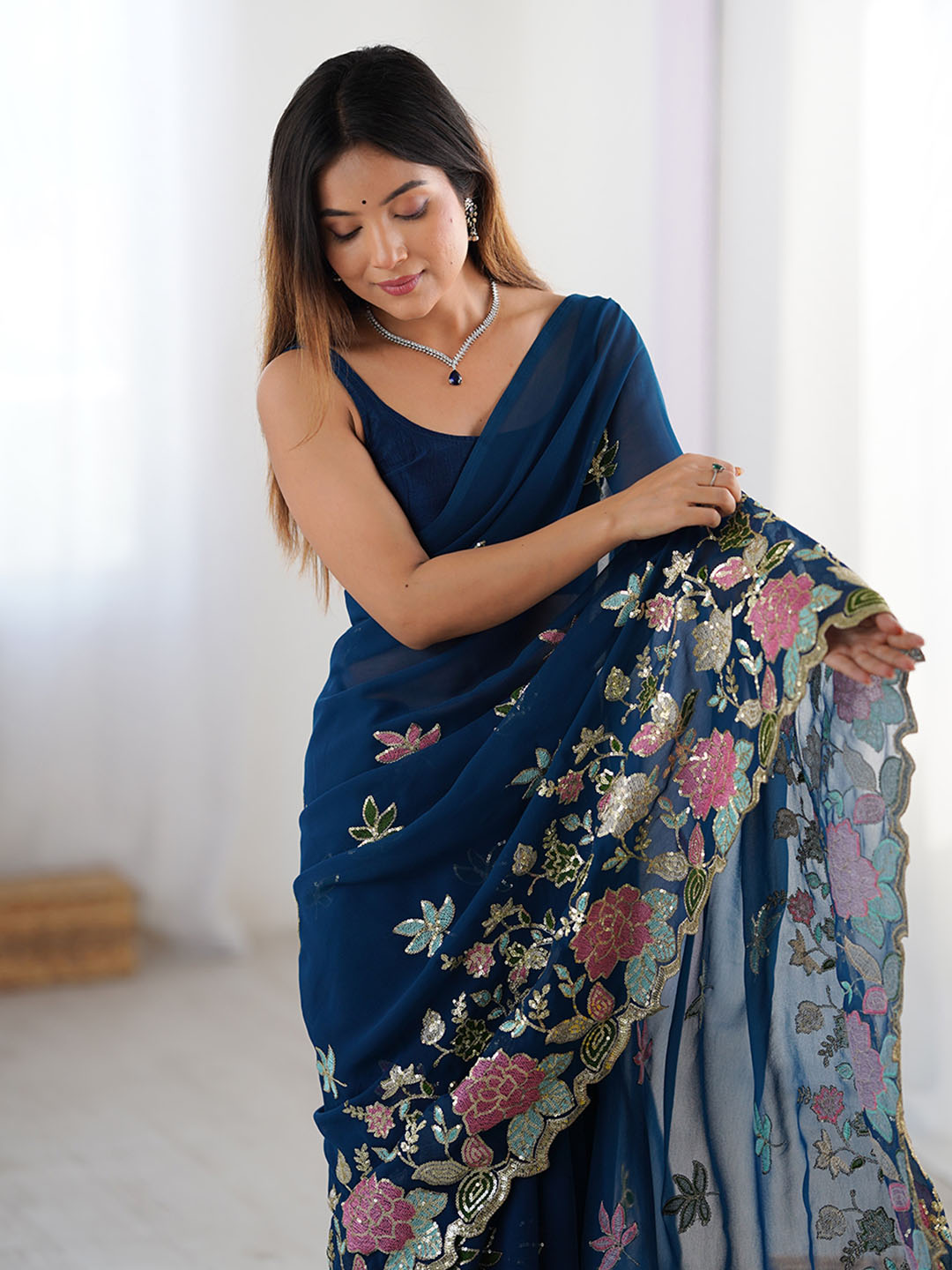 Urban Pallu Floral Sequinned Poly Georgette Heavy Work Saree