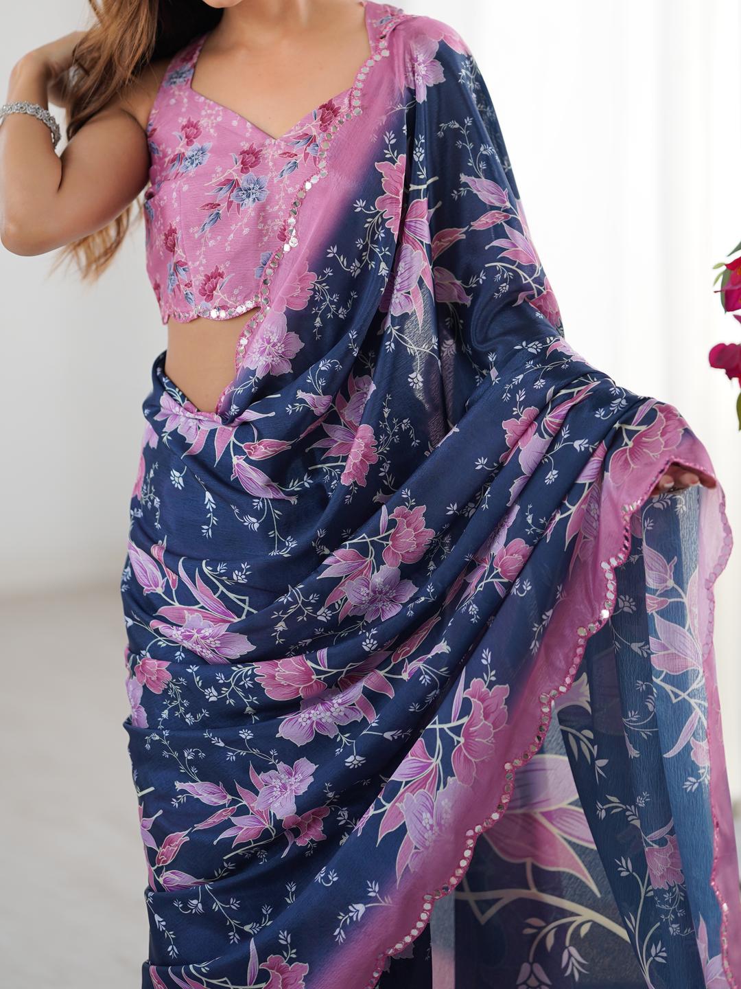 Urban Pallu Floral Sequinned Silk Blend Fusion Saree