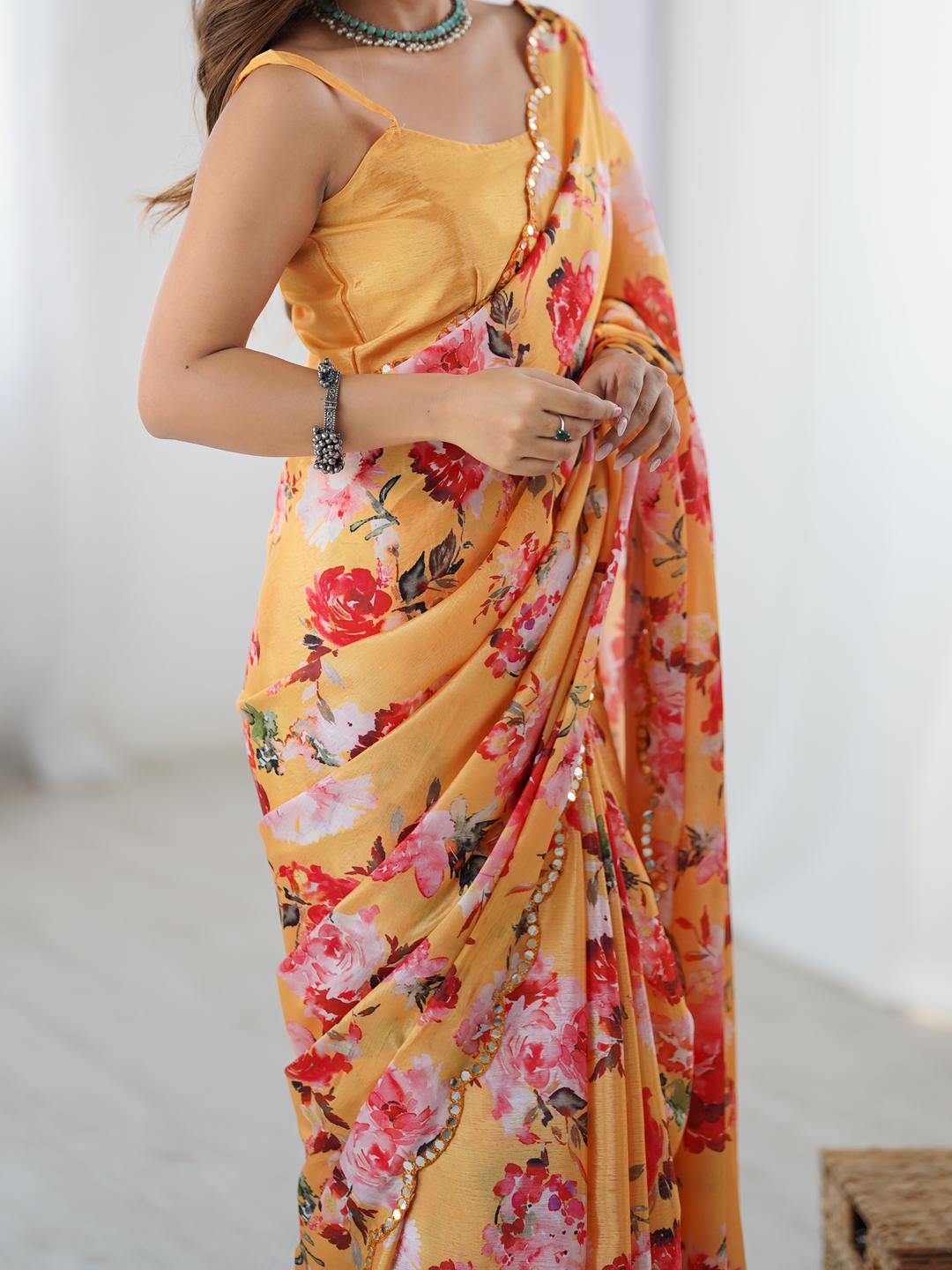 Urban Pallu Floral Sequinned Silk Blend Fusion Saree