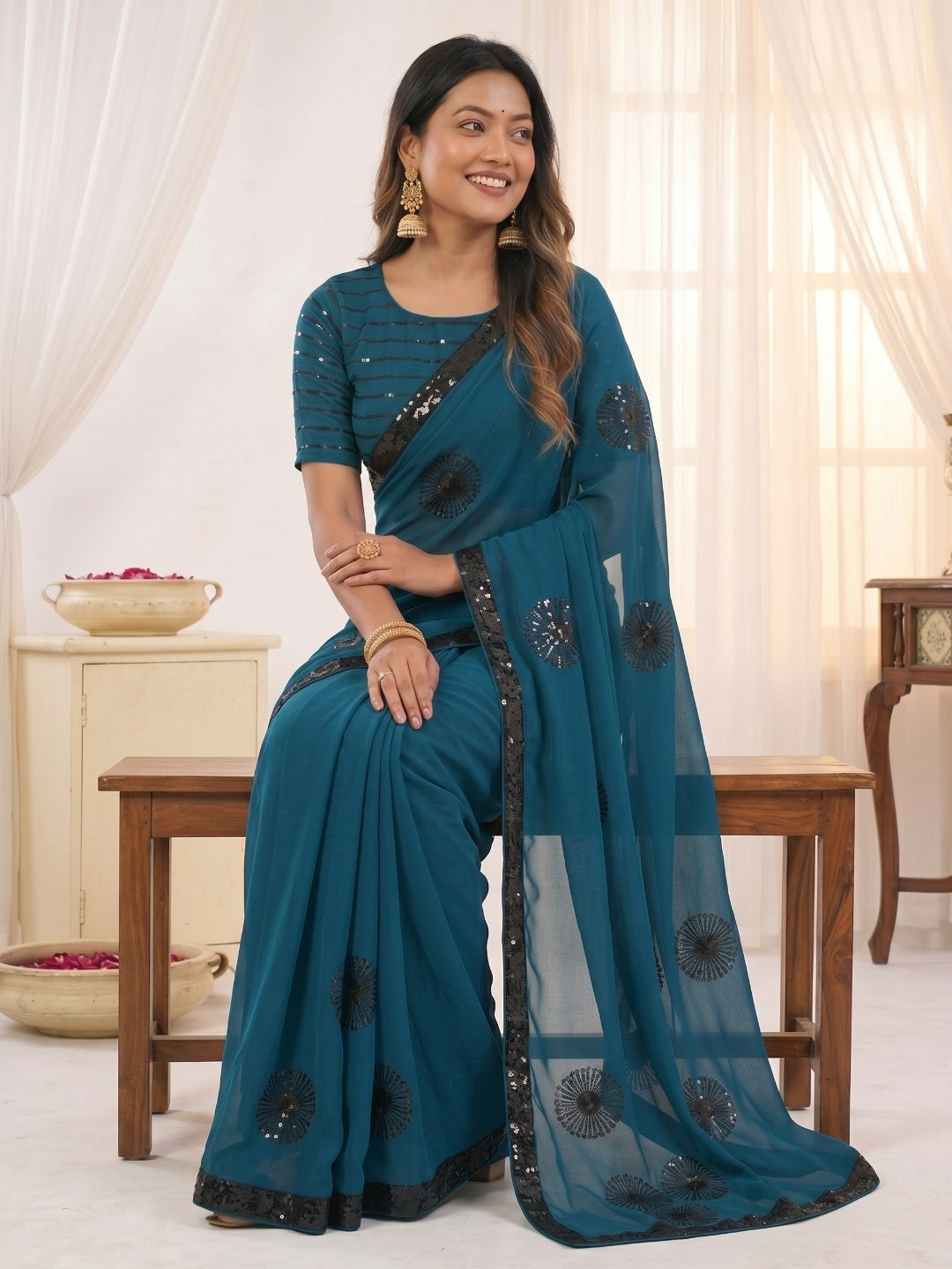 Urban Pallu Embroidered Poly Georgette Festive Saree