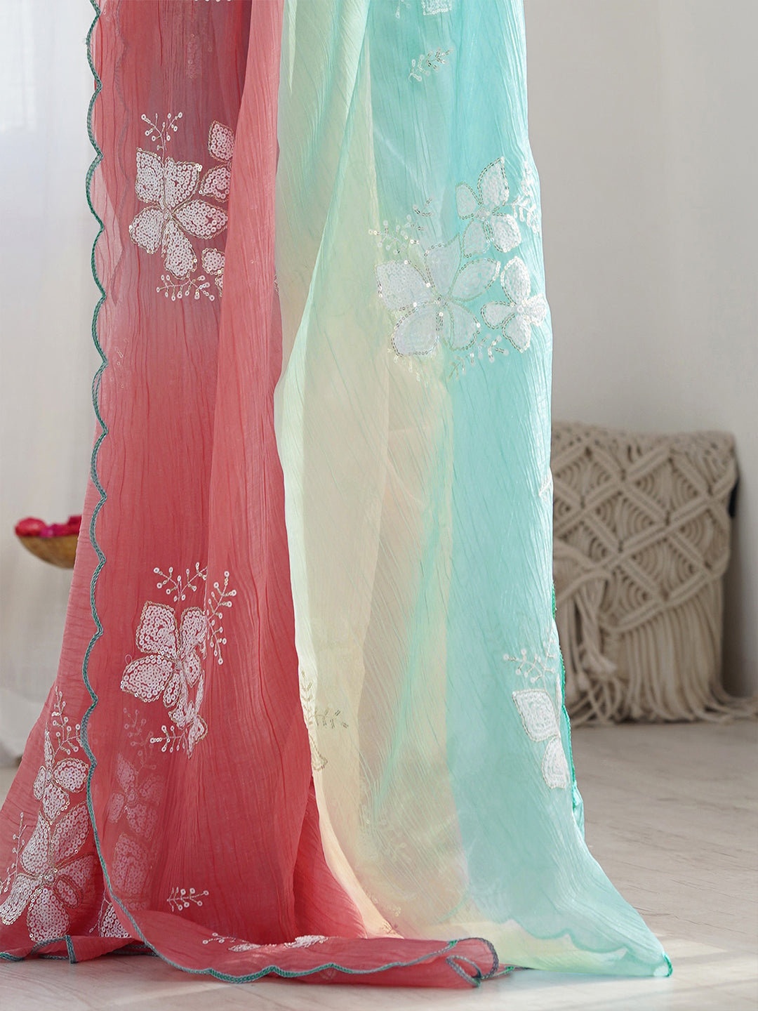 Urban Pallu Floral Embroidered Poly Chiffon Designer Saree