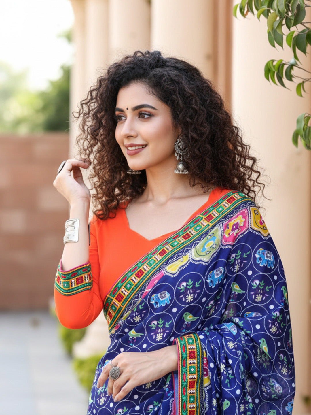 Urban Pallu Floral Sequinned Silk Blend Fusion Saree