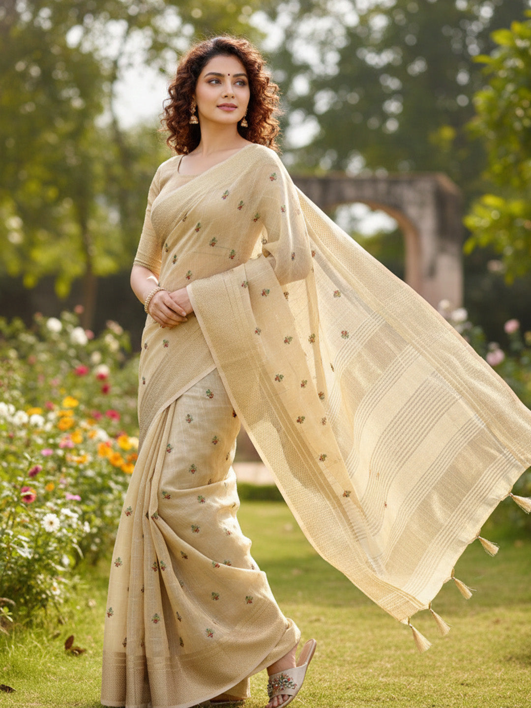 Urban Pallu Floral Sequinned Silk Blend Fusion Saree
