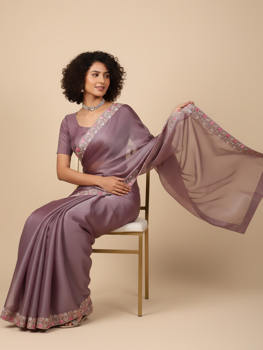 Urban Pallu Floral Sequinned Silk Blend Fusion Saree