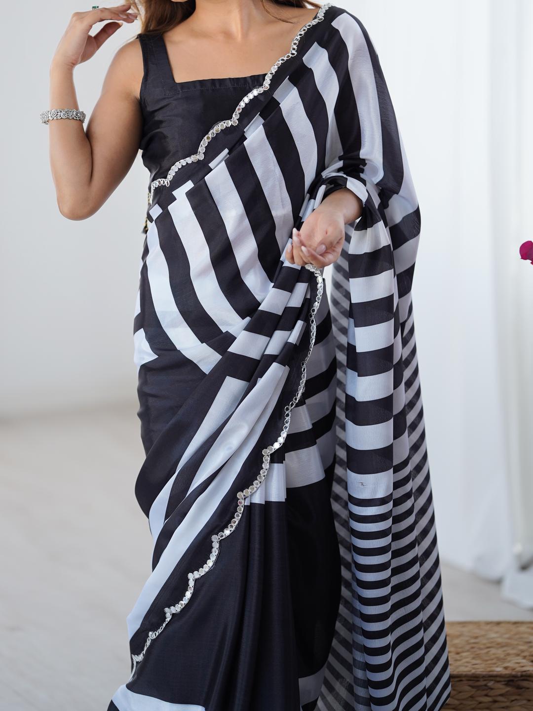 Urban Pallu Striped Sequinned Silk Blend Fusion Saree