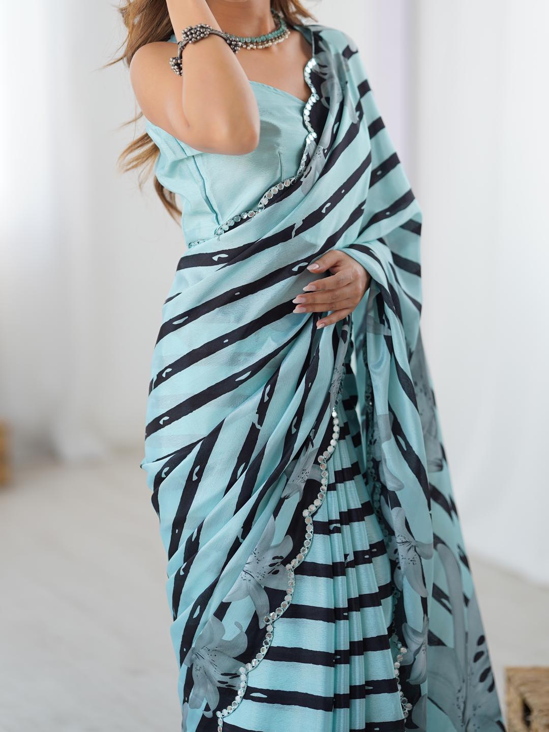 Urban Pallu Striped Mirror Work Silk Blend Fusion Saree