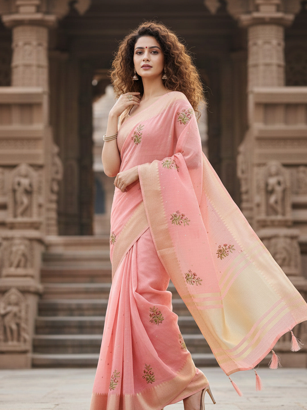 Urban Pallu Floral Sequinned Silk Blend Fusion Saree