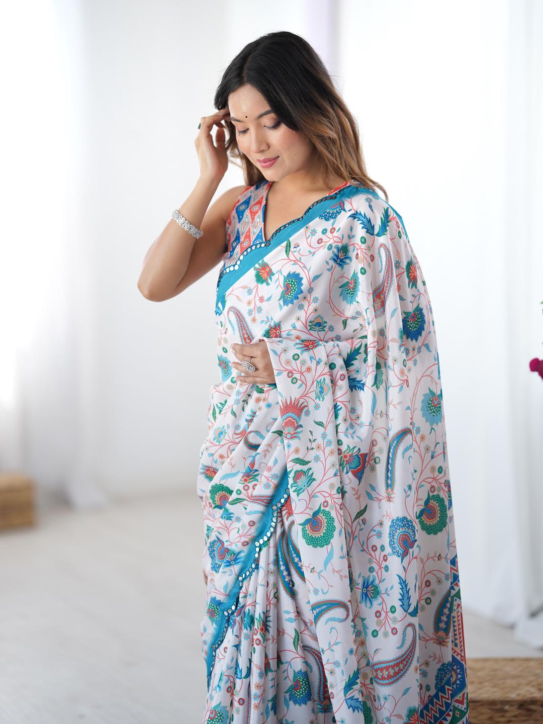 Urban Pallu Ethnic Motifs Mirror Work Silk Blend Saree