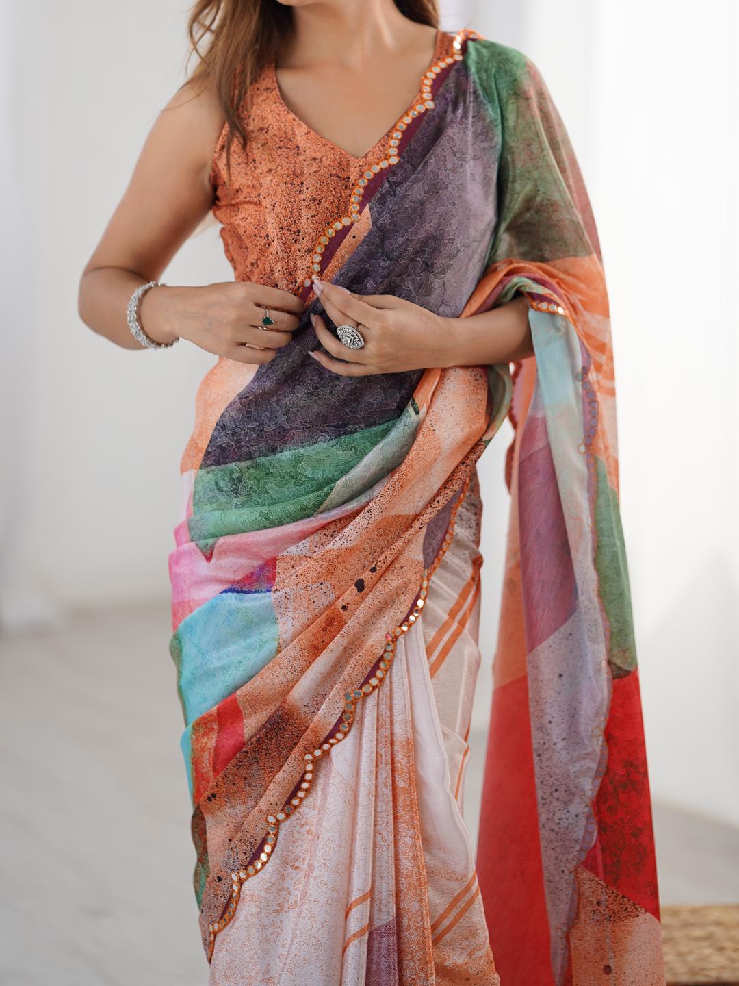 Urban Pallu Mirror Work Silk Blend Fusion Saree