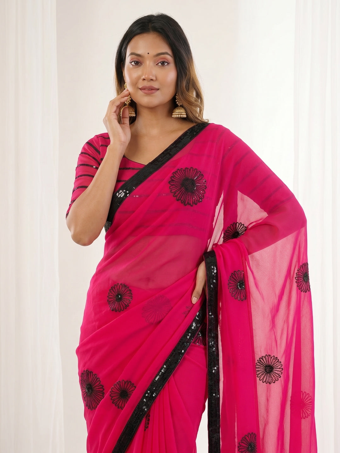 Urban Pallu Embroidered Poly Georgette Festive Saree