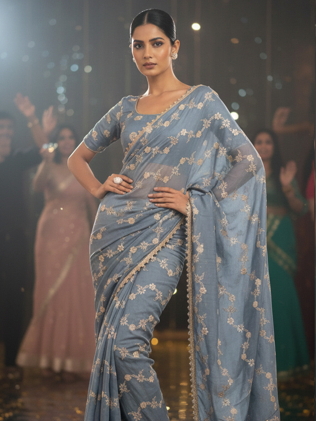Urban Pallu Floral Sequinned Silk Blend Fusion Saree