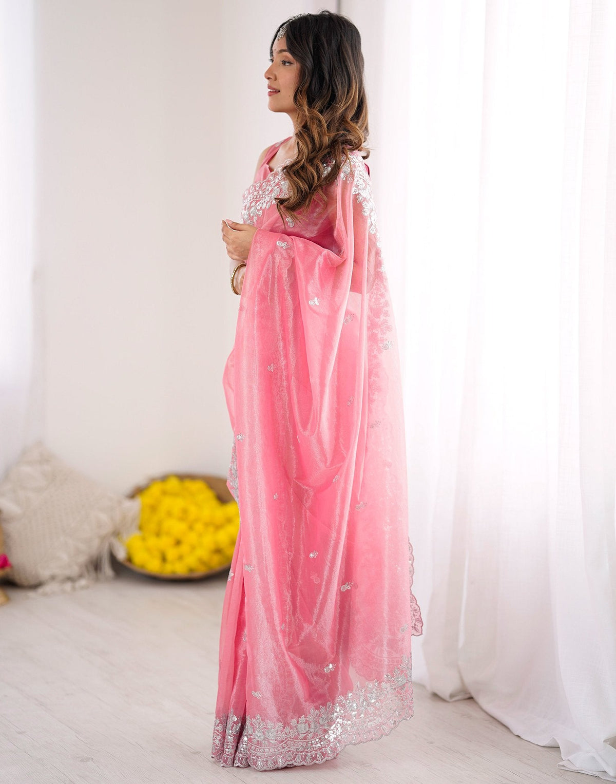 Urban Pallu Solid Organza Festive Saree
