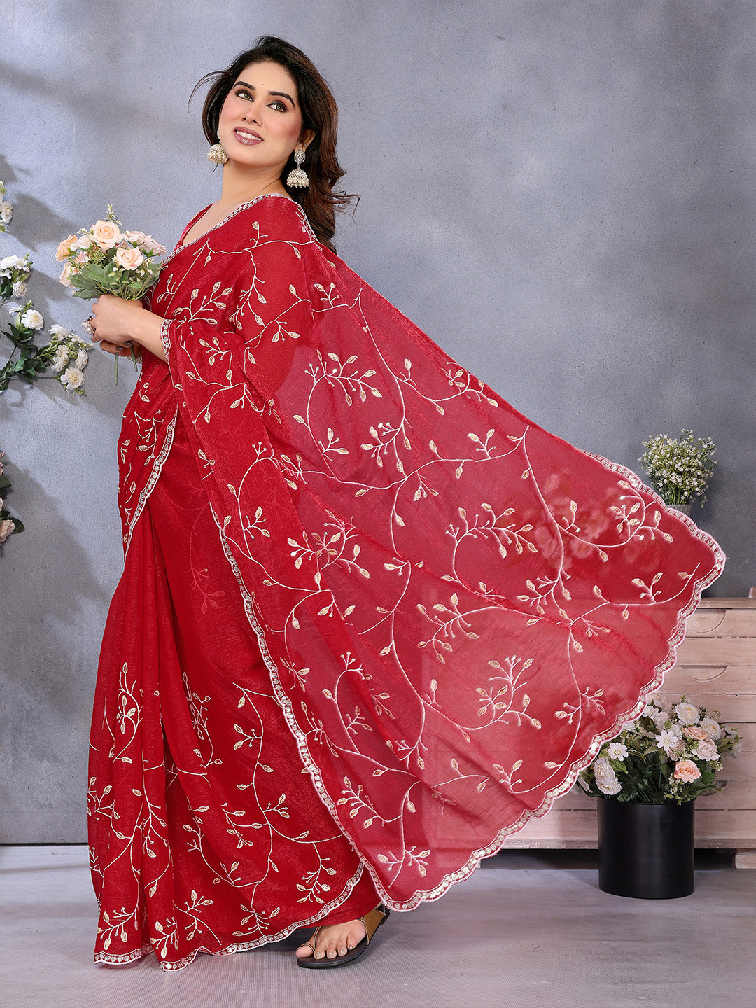 Urban Pallu Embellished Embroidered Pure Chiffon Heavy Work Saree