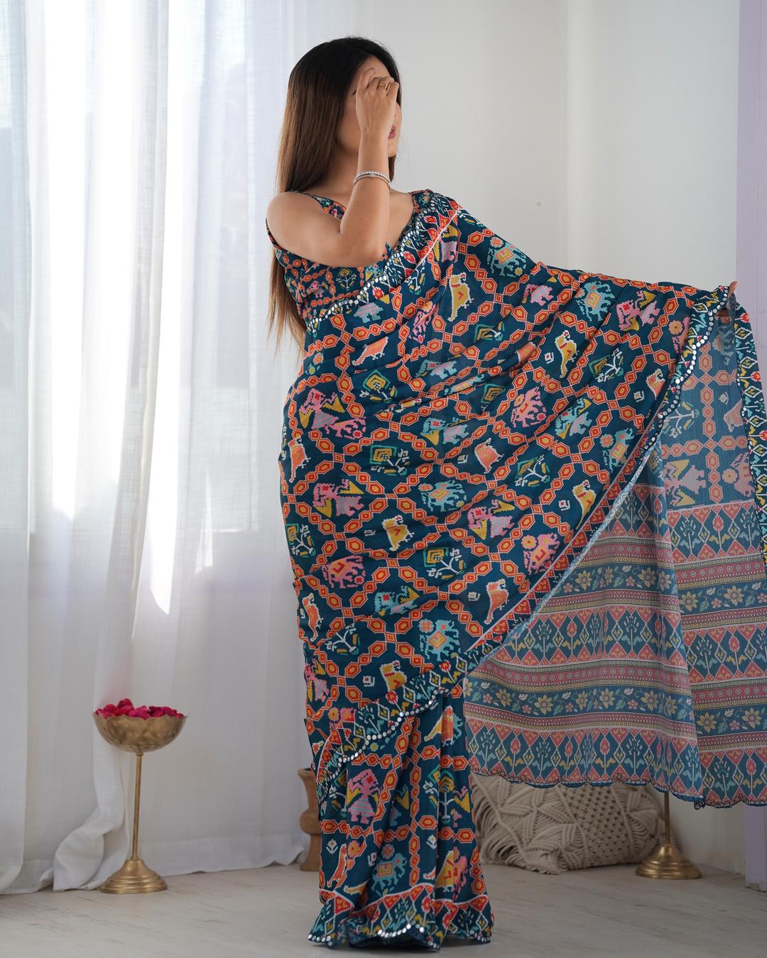 Urban Pallu Ethnic Motifs Mirror Work Silk Blend Saree