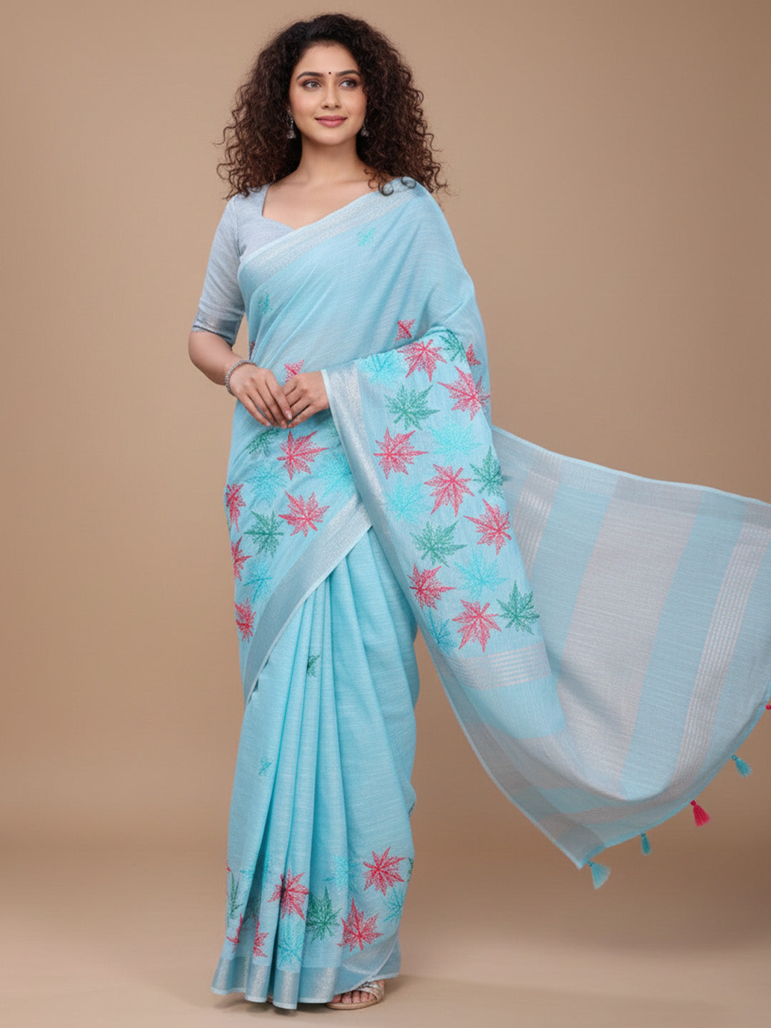 Urban Pallu Floral Sequinned Silk Blend Fusion Saree