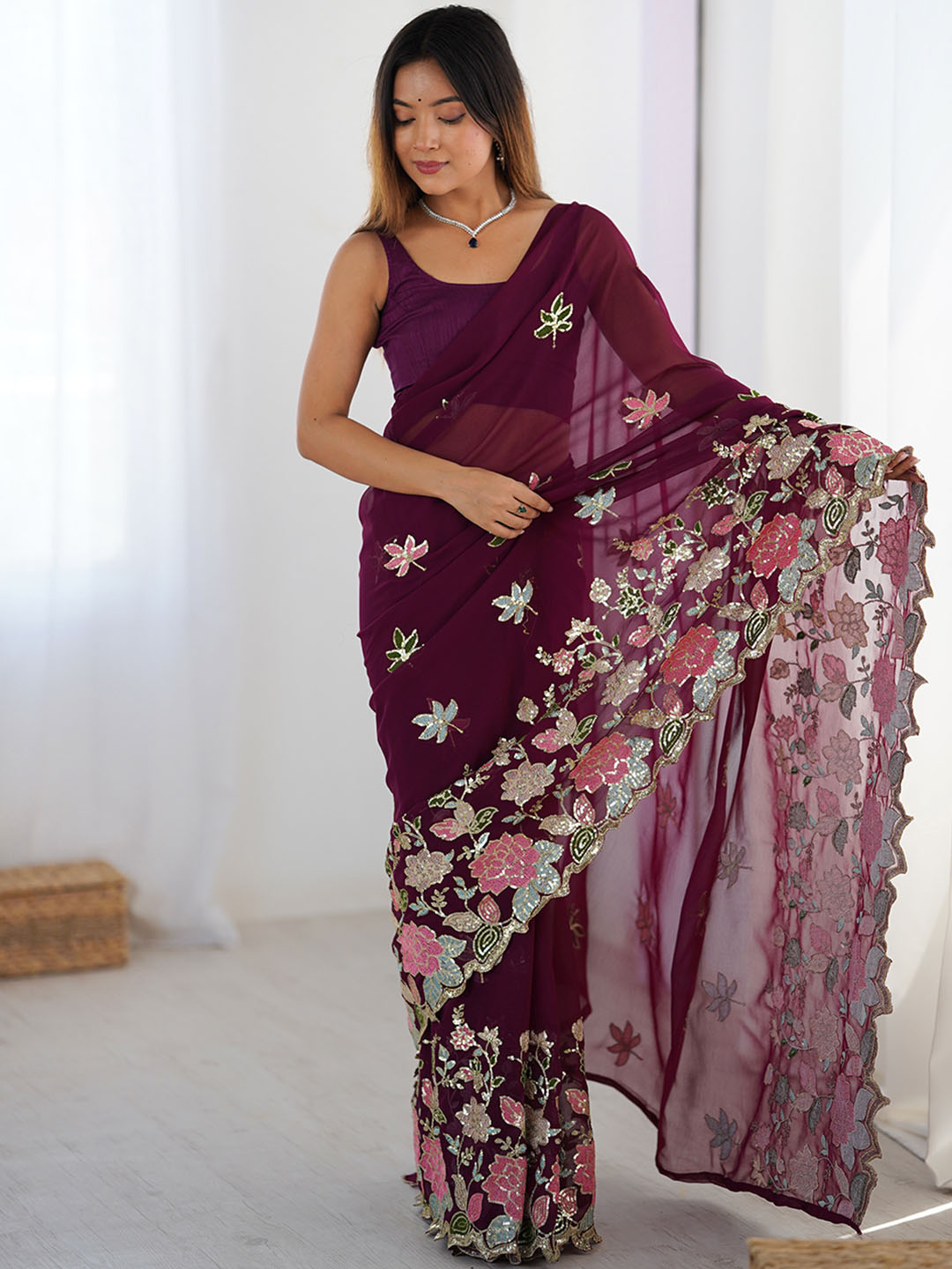 Urban Pallu Floral Sequinned Poly Georgette Heavy Work Saree