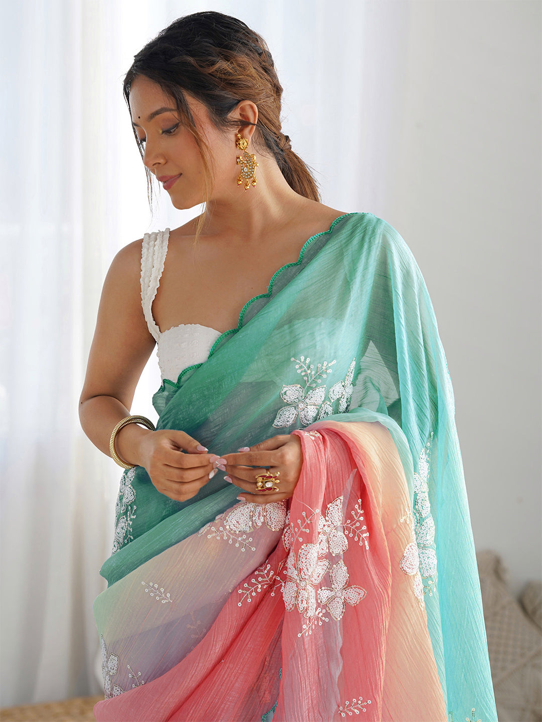 Urban Pallu Floral Embroidered Poly Chiffon Designer Saree