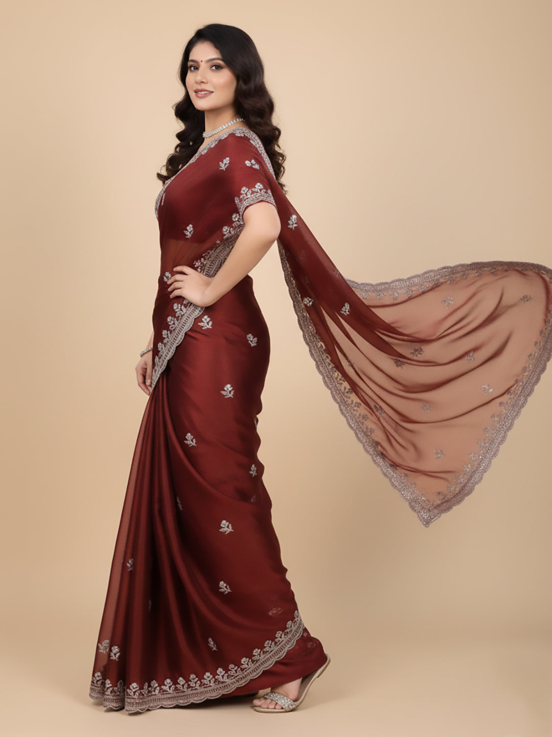 Urban Pallu Floral Sequinned Silk Blend Fusion Saree