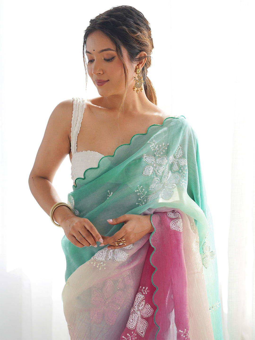 Urban Pallu Floral Embroidered Poly Chiffon Saree