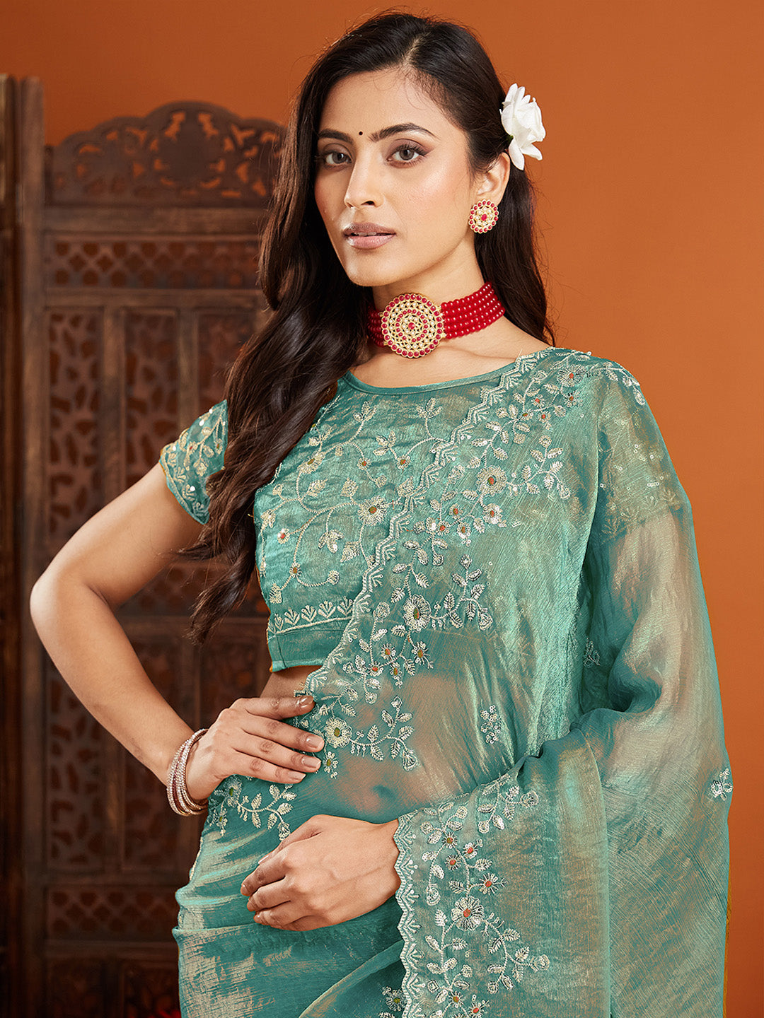 Urban Pallu Embroidered Organza Fusion Saree