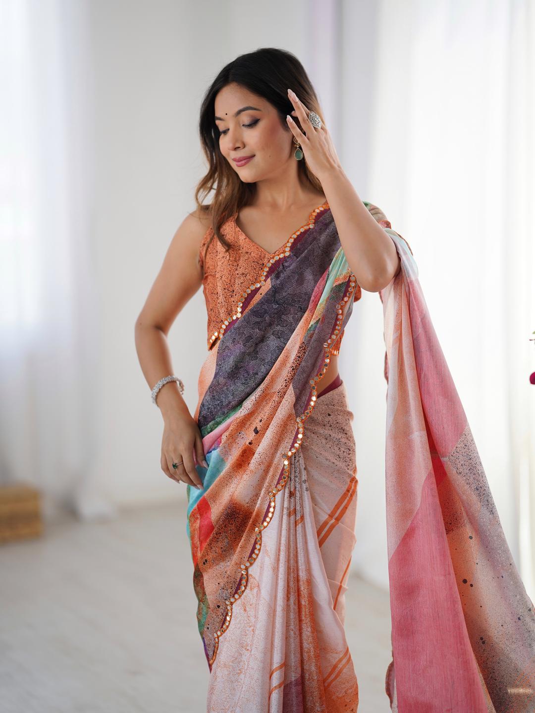 Urban Pallu Mirror Work Silk Blend Fusion Saree