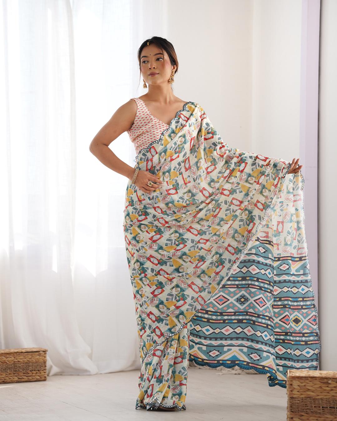 Urban Pallu Mirror Work Silk Blend Fusion Saree