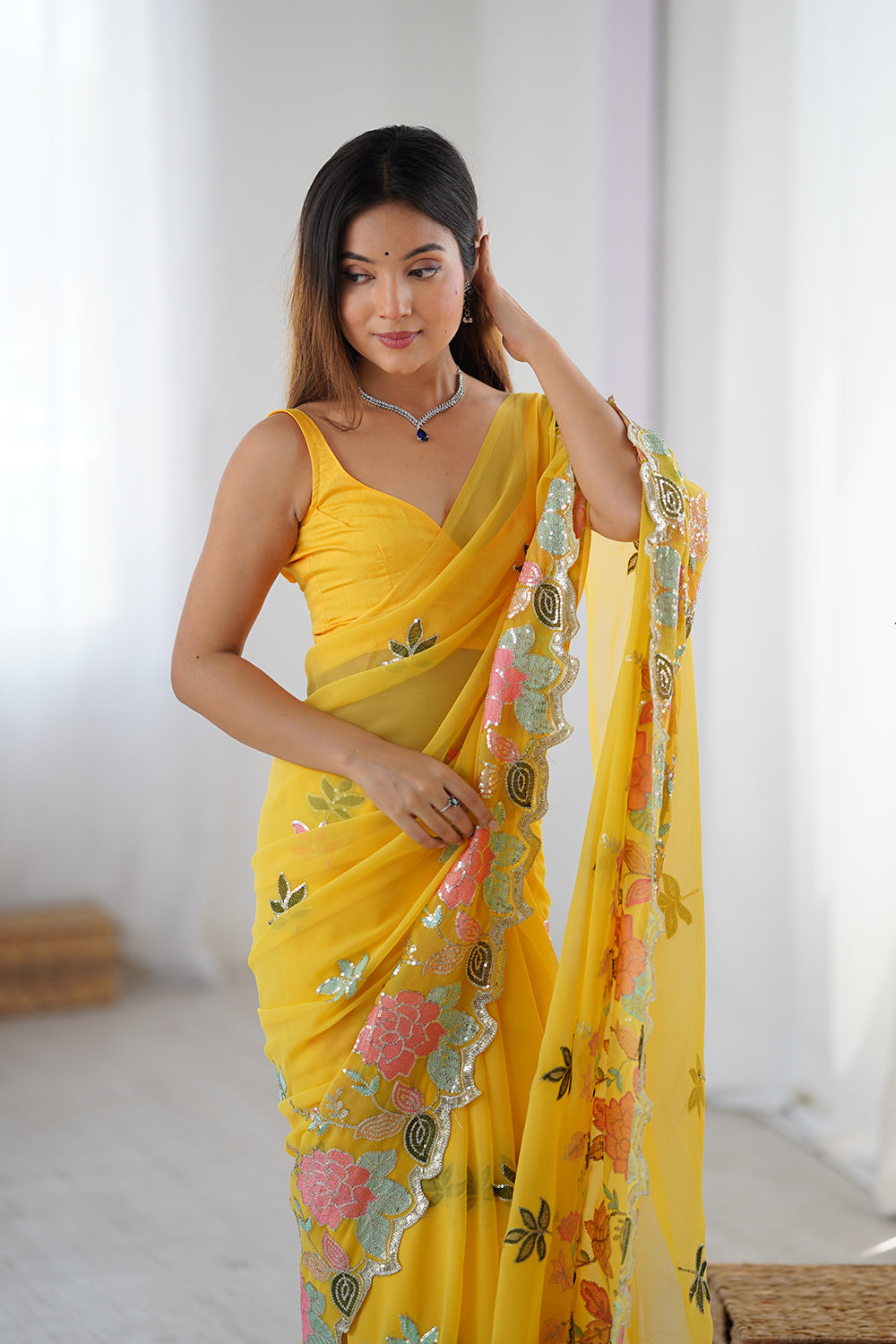 Urban Pallu Solid Poly Georgette Festive Saree
