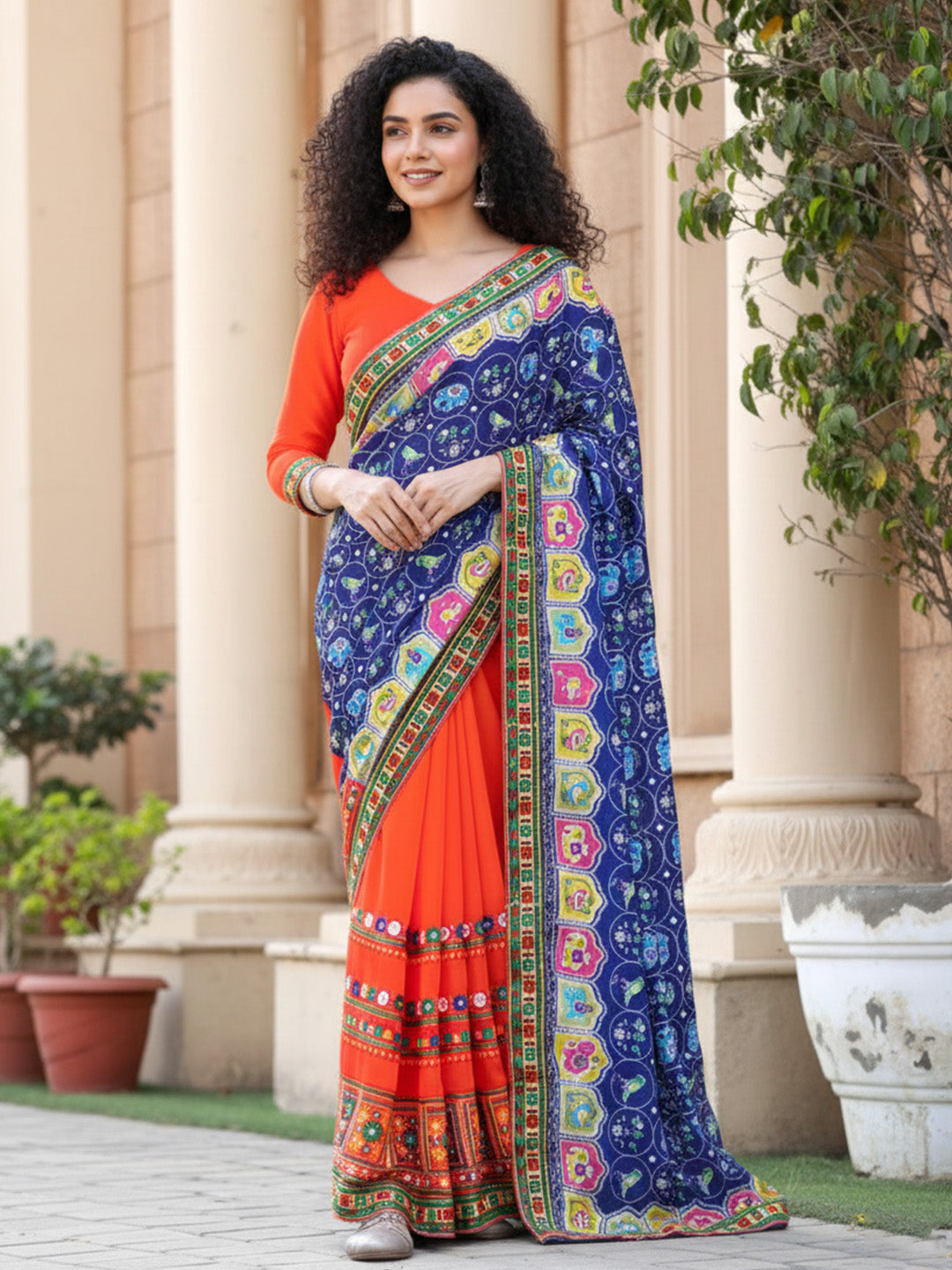 Urban Pallu Floral Sequinned Silk Blend Fusion Saree