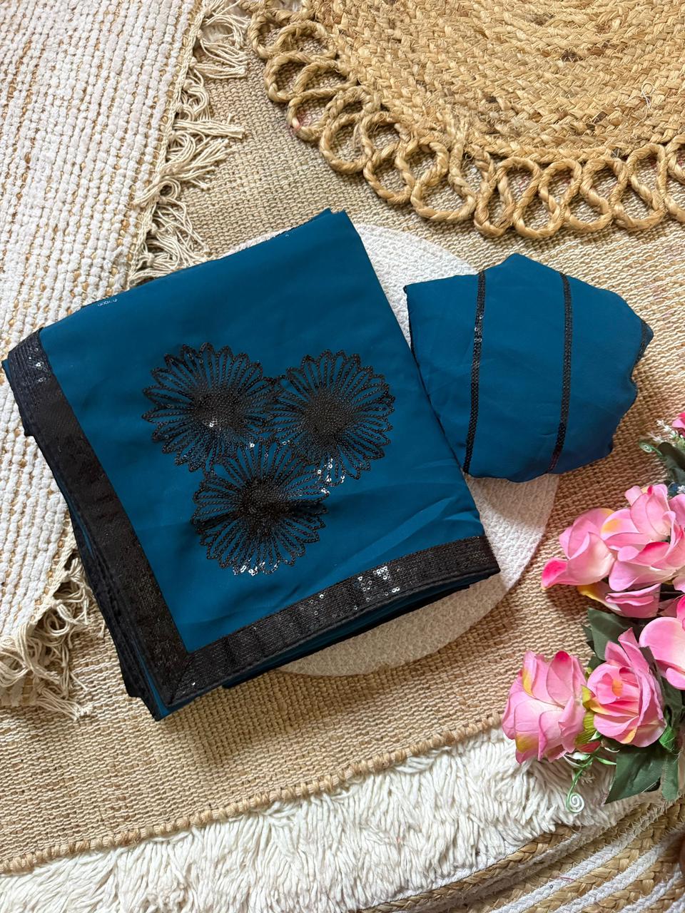Urban Pallu Embroidered Poly Georgette Festive Saree