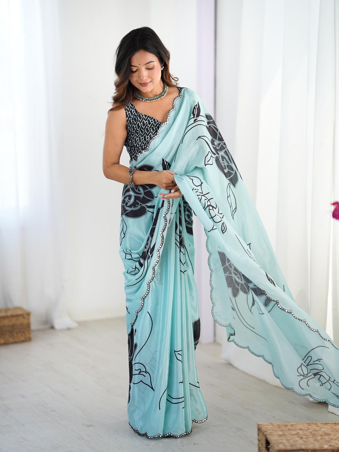 Urban Pallu Floral Mirror Work Silk Blend Saree
