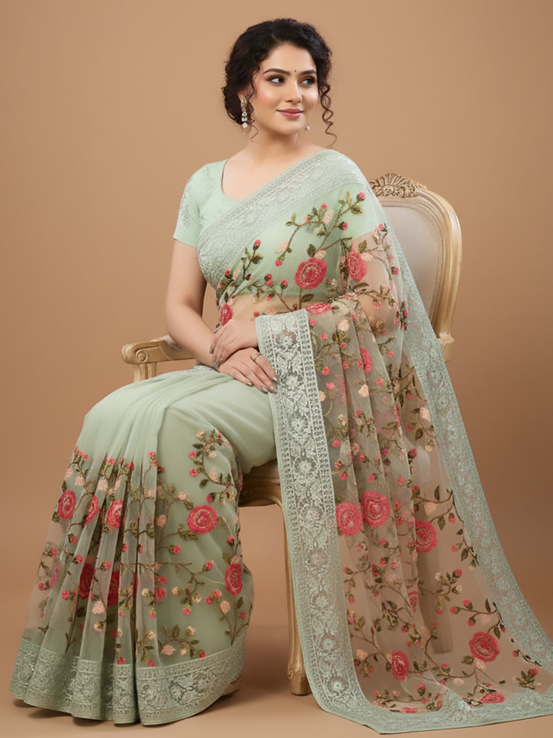 Urban Pallu Floral Sequinned Silk Blend Fusion Saree