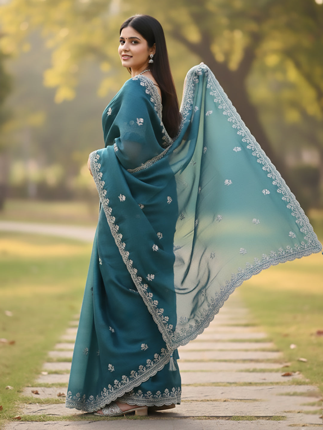 Urban Pallu Floral Sequinned Silk Blend Fusion Saree