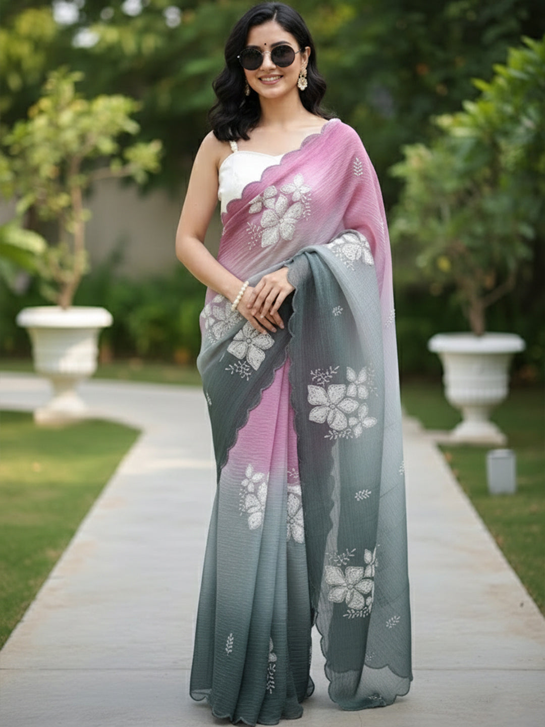 Urban Pallu Embroidered Poly Chiffon Daily Saree