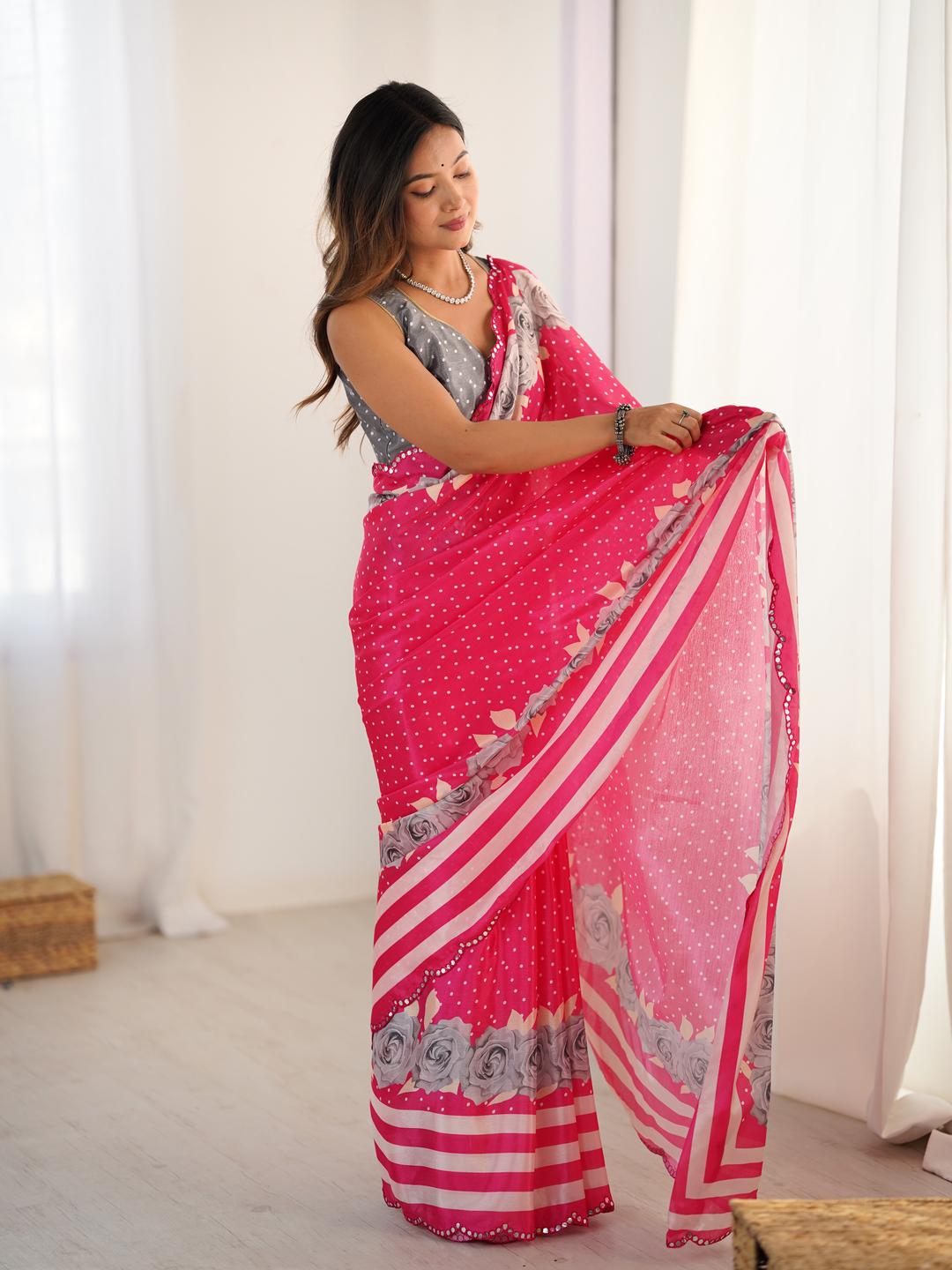 Urban Pallu Floral Mirror Work Silk Blend Saree