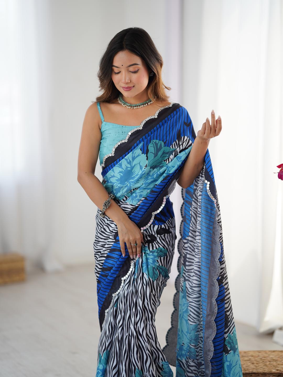 Urban Pallu Striped Mirror Work Silk Blend Fusion Saree