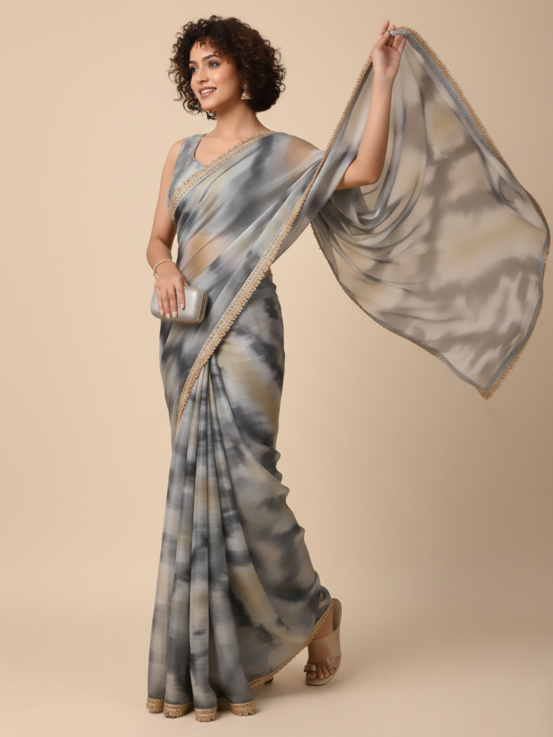 Urban Pallu Floral Sequinned Silk Blend Fusion Saree