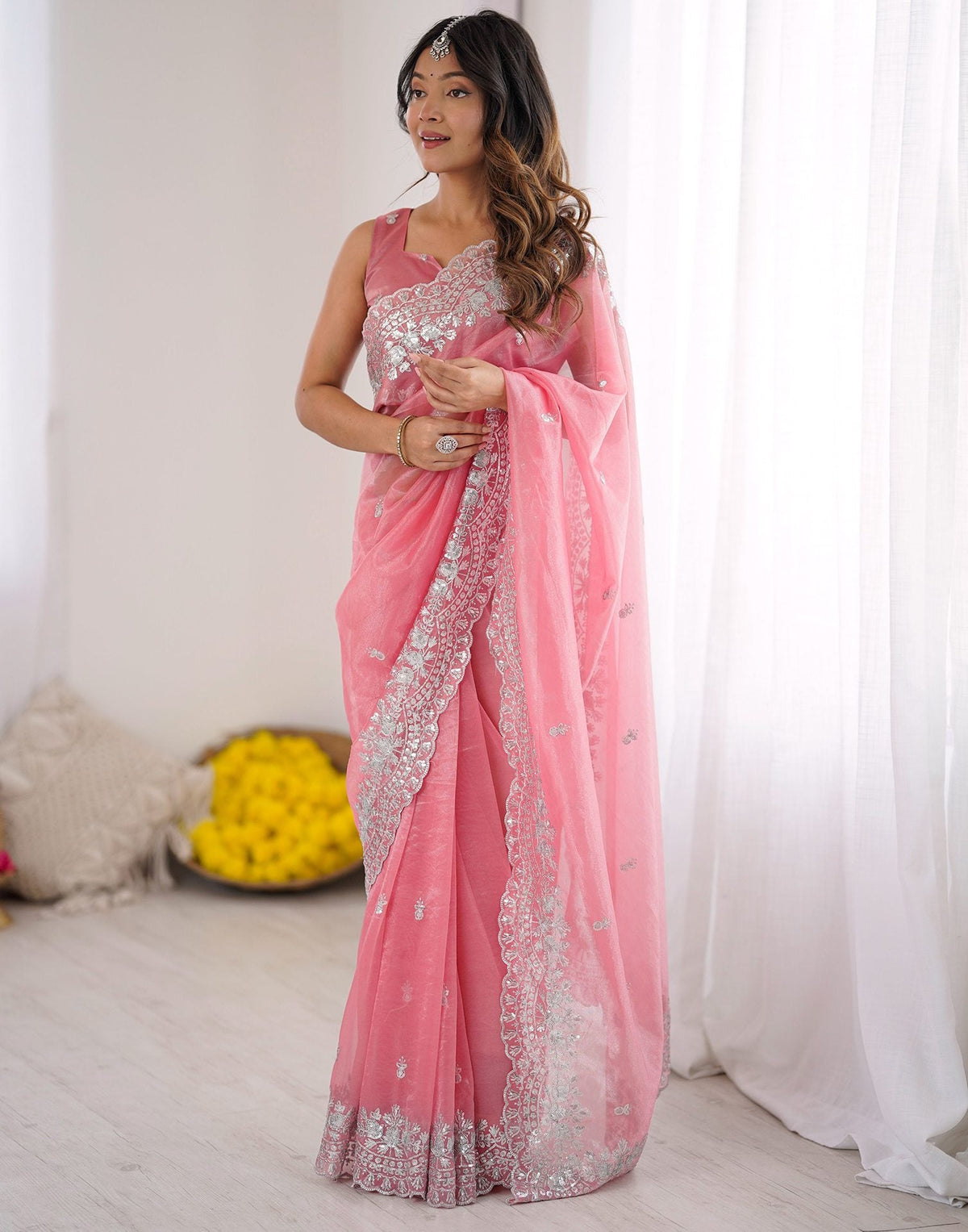 Urban Pallu Solid Organza Festive Saree
