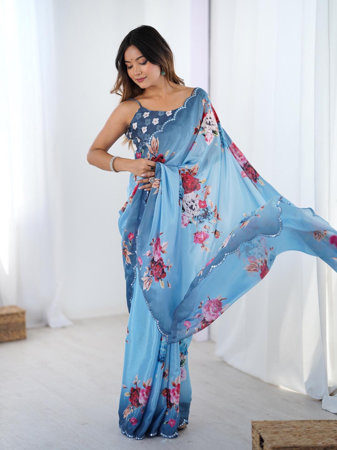 Urban Pallu Floral Sequinned Silk Blend Saree